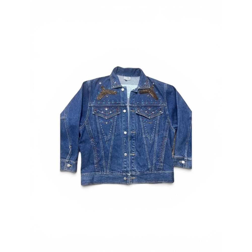 Vintage 90s Rhinestone Bejeweled Denim Jacket Western Cowgirl Rodeo Bedazzled